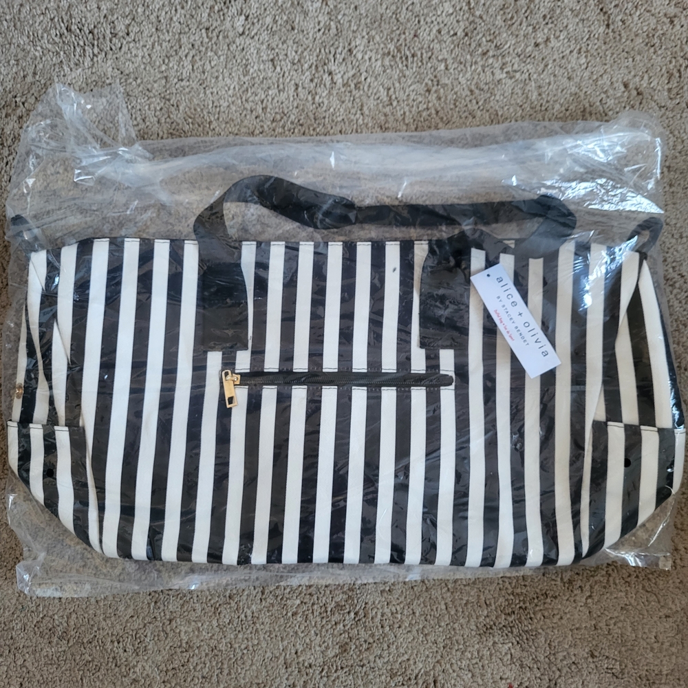 NWT Alice + Olivia Black and White Striped Duffle Bag